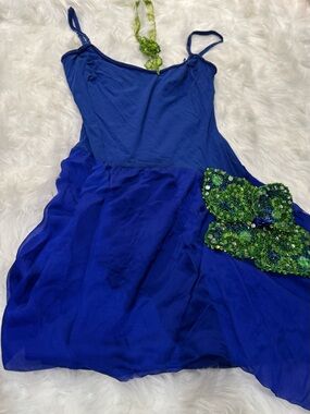 Royal Blue Chiffon Slip Dress with Green Sequin Accent